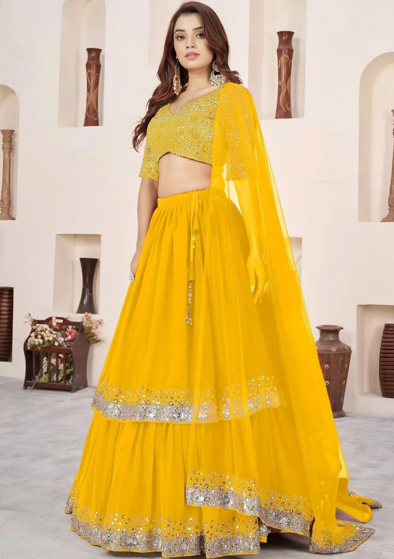 Yellow Zari Work Georgette Lehenga Set - Indya