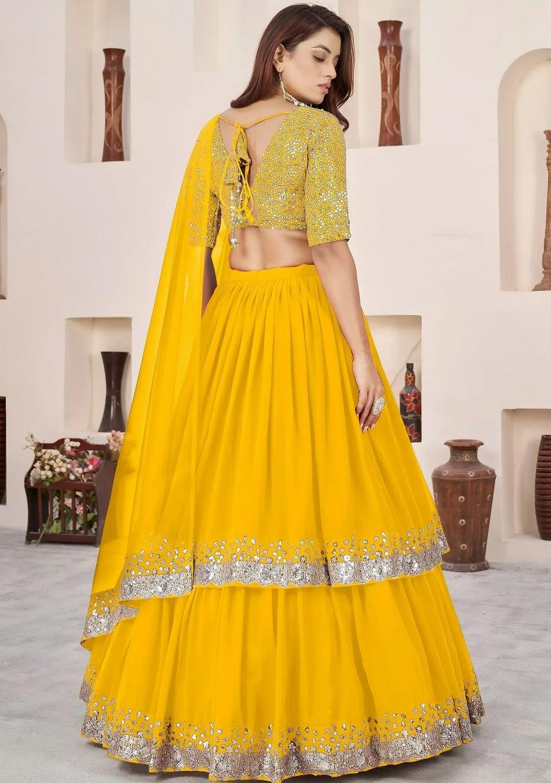 Yellow Zari Work Georgette Lehenga Set - Indya