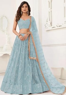 Blue Embroidered Net Lehenga Set