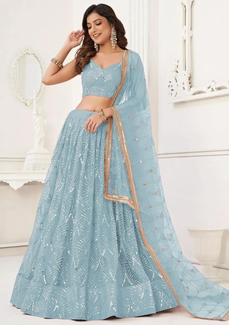 Blue Embroidered Net Lehenga Set - Indya