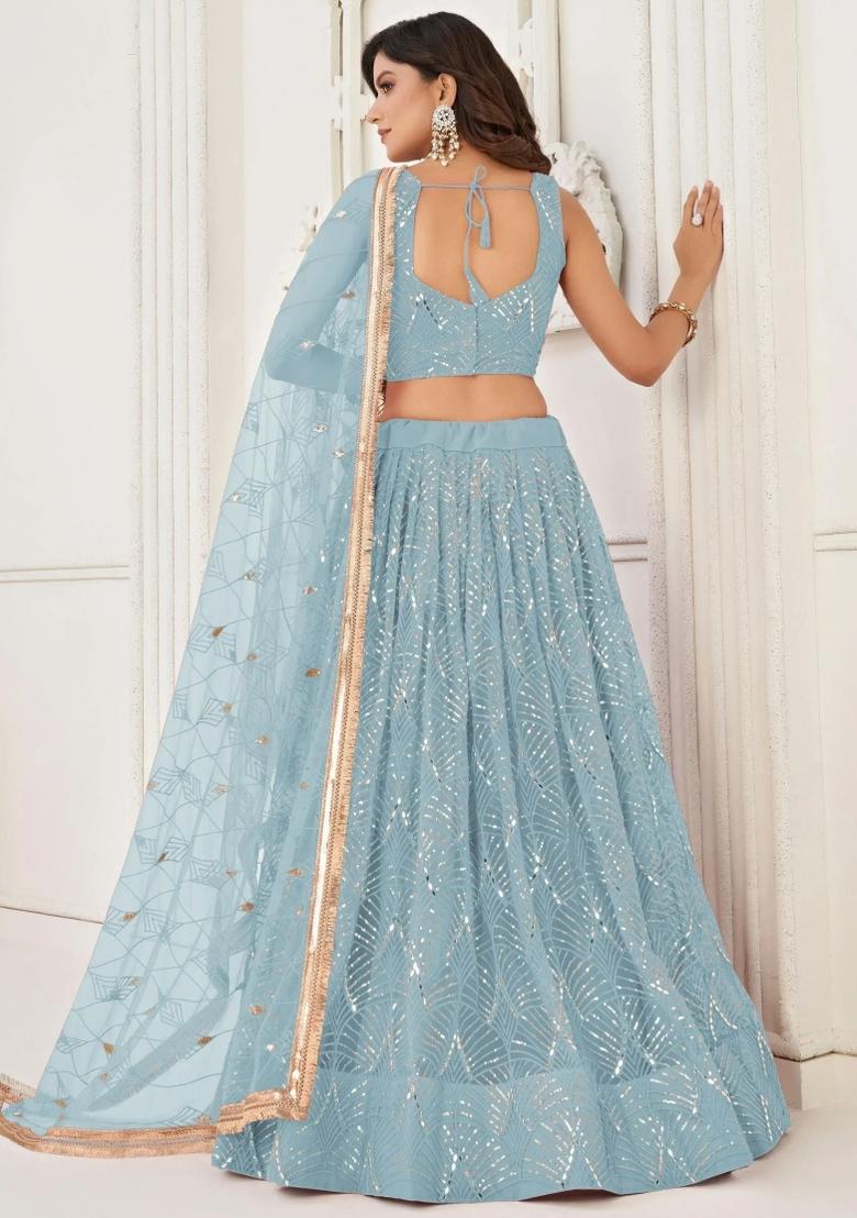 Blue Embroidered Net Lehenga Set - Indya