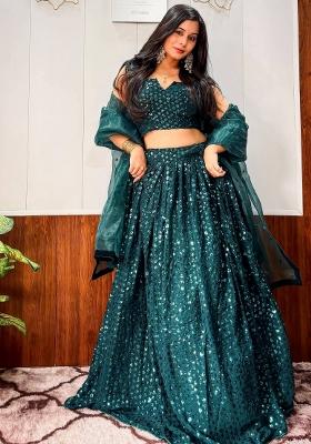 Green Sequin Work Georgette Lehenga Set