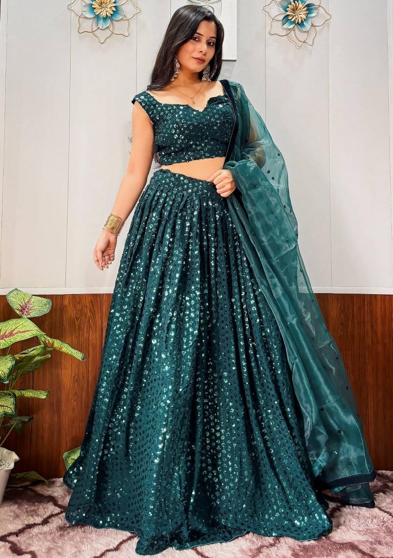 Green Sequin Work Georgette Lehenga Set - Indya