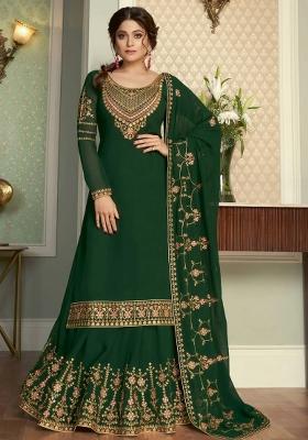 Green Floral Print Silk Lehenga Set