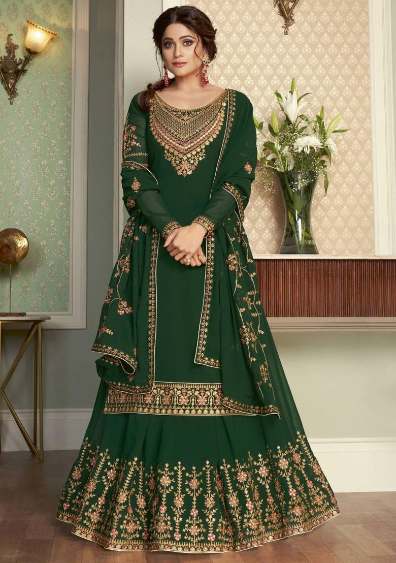 Green Floral Print Silk Lehenga Set - Indya