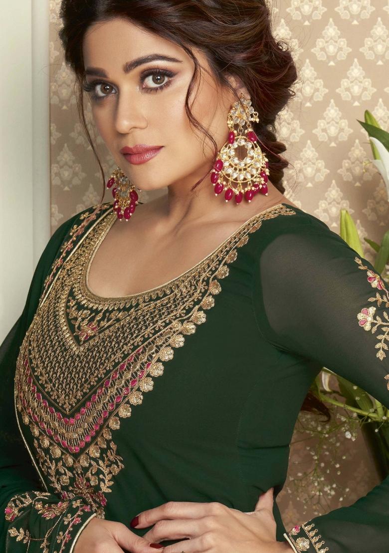 Green Floral Print Silk Lehenga Set - Indya