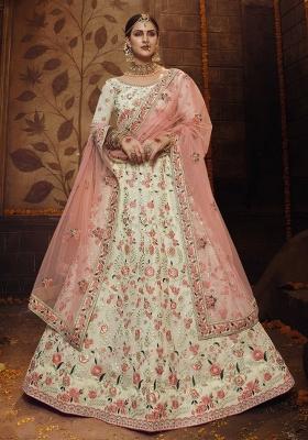 Off White Floral Print Georgette Lehenga Set
