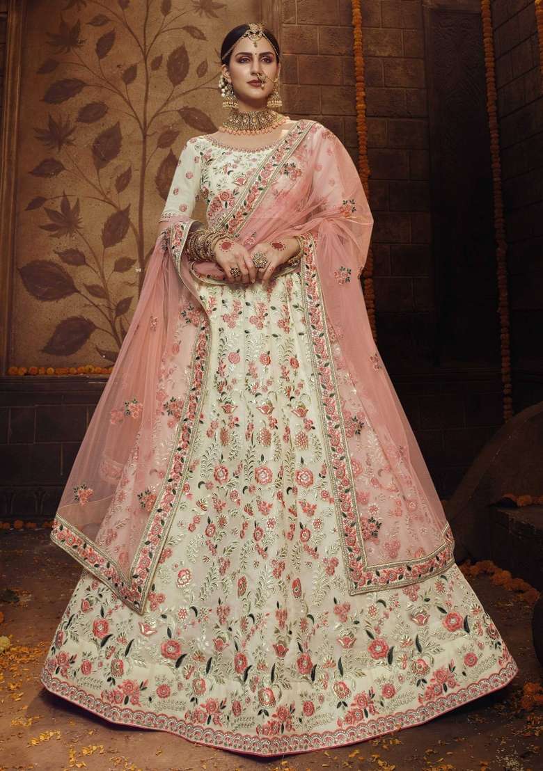 Off White Floral Print Georgette Lehenga Set - Indya