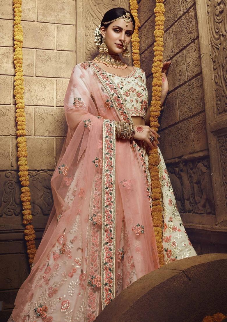 Off White Floral Print Georgette Lehenga Set - Indya