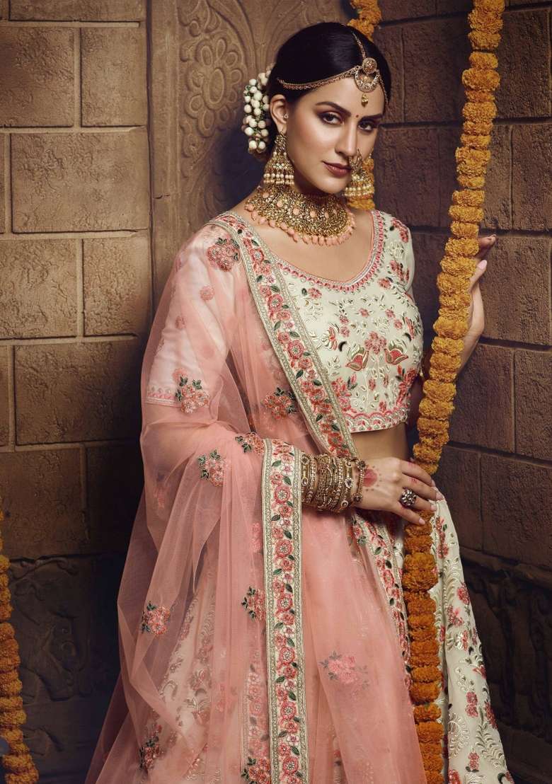 Off White Floral Print Georgette Lehenga Set - Indya