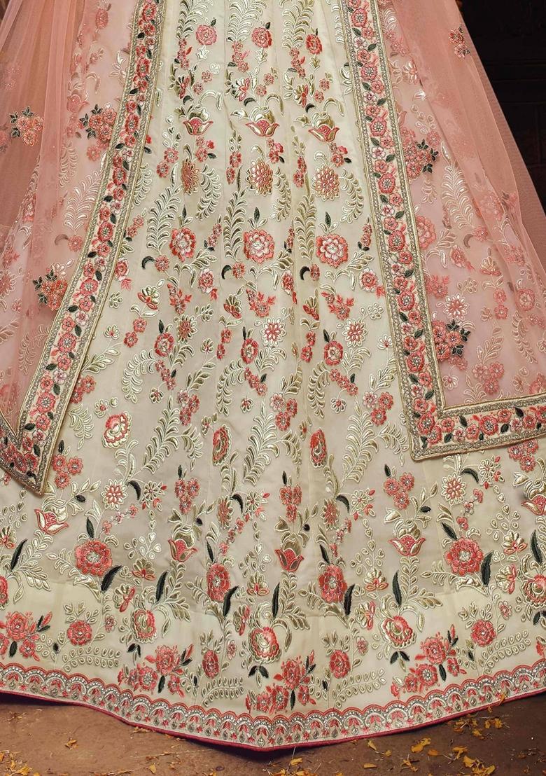 Off White Floral Print Georgette Lehenga Set - Indya