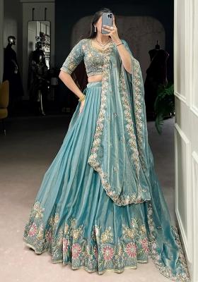 Sky Blue Embroidered Organza Lehenga Set