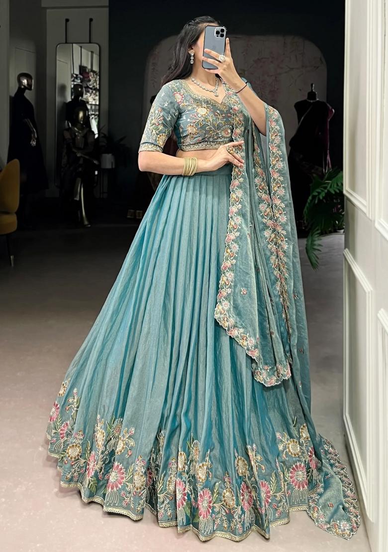 Sky Blue Embroidered Organza Lehenga Set - Indya