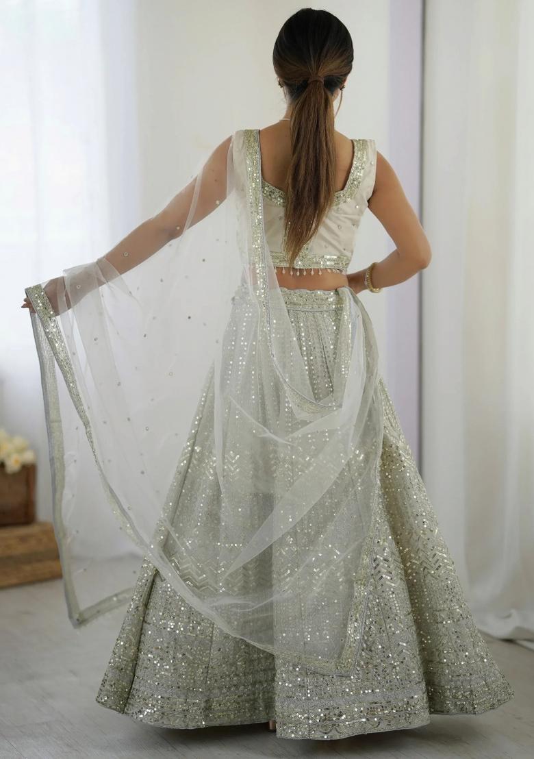 Off White Embroidered Georgette Lehenga Set - Indya