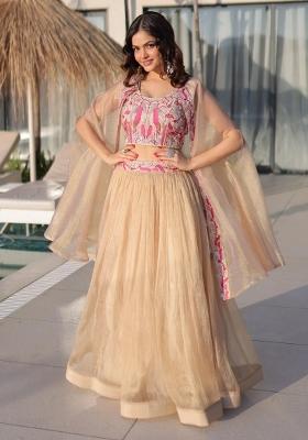 Cream Beads Work Organza Lehenga Set