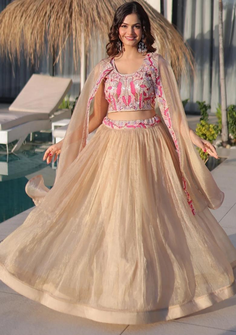 Cream Beads Work Organza Lehenga Set - Indya