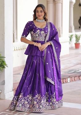 Purple Zari Work Organza Lehenga Set