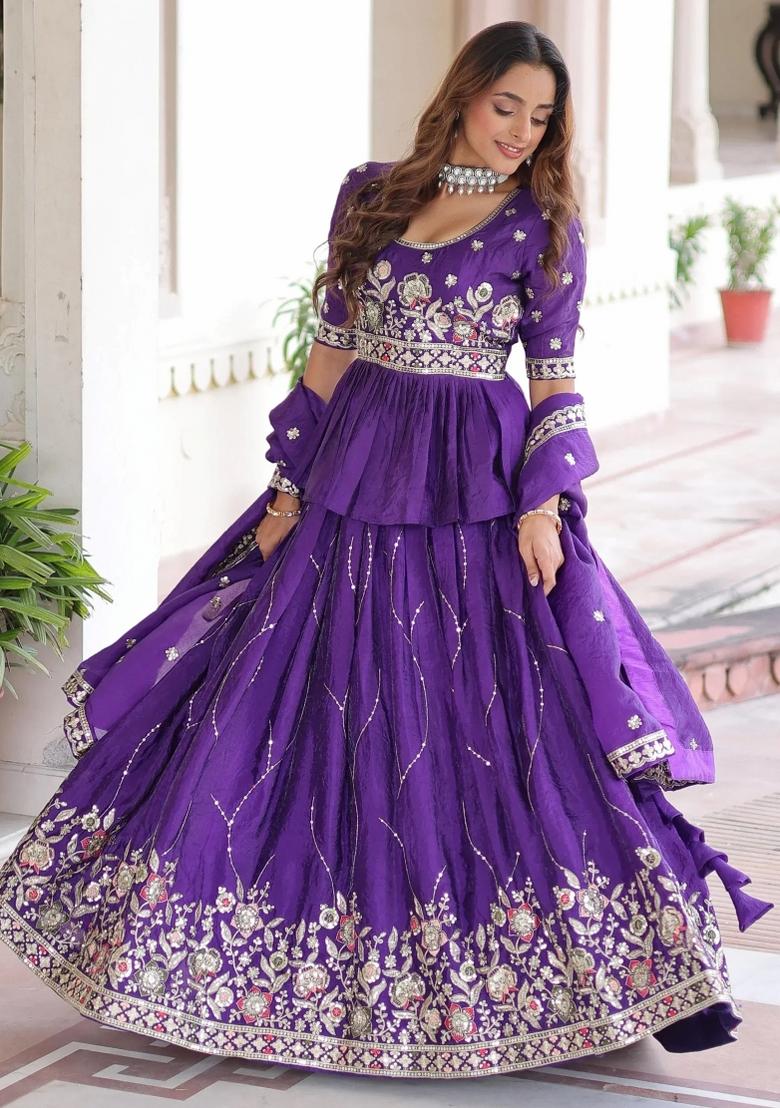 Purple Zari Work Organza Lehenga Set - Indya