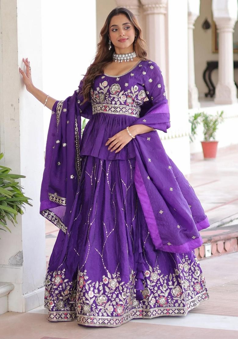 Purple Zari Work Organza Lehenga Set - Indya