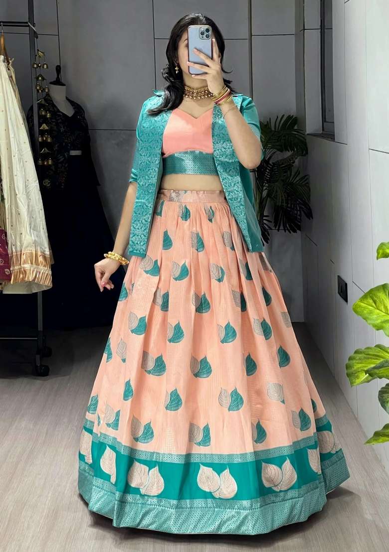 Peach Printed Silk Lehenga Set - Indya