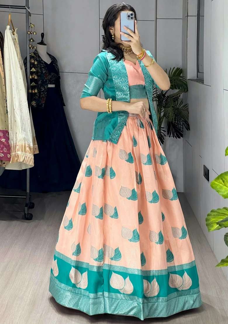Peach Printed Silk Lehenga Set - Indya
