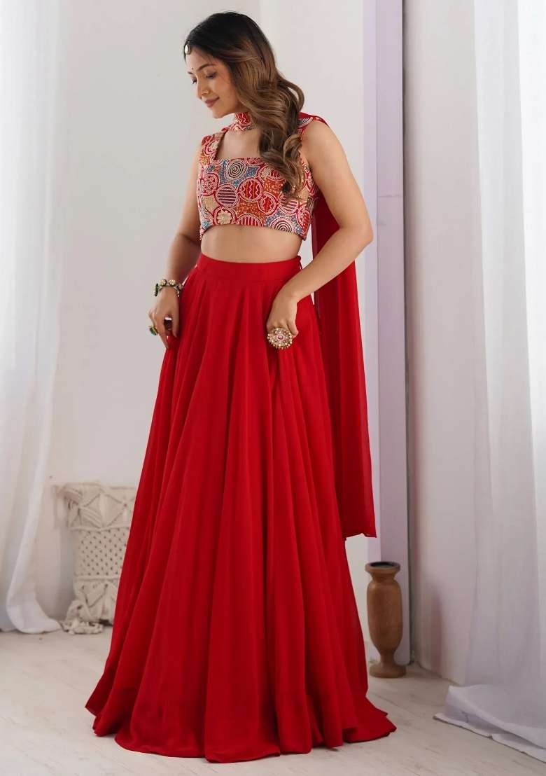 Red Embroidered Georgette Lehenga Set - Indya