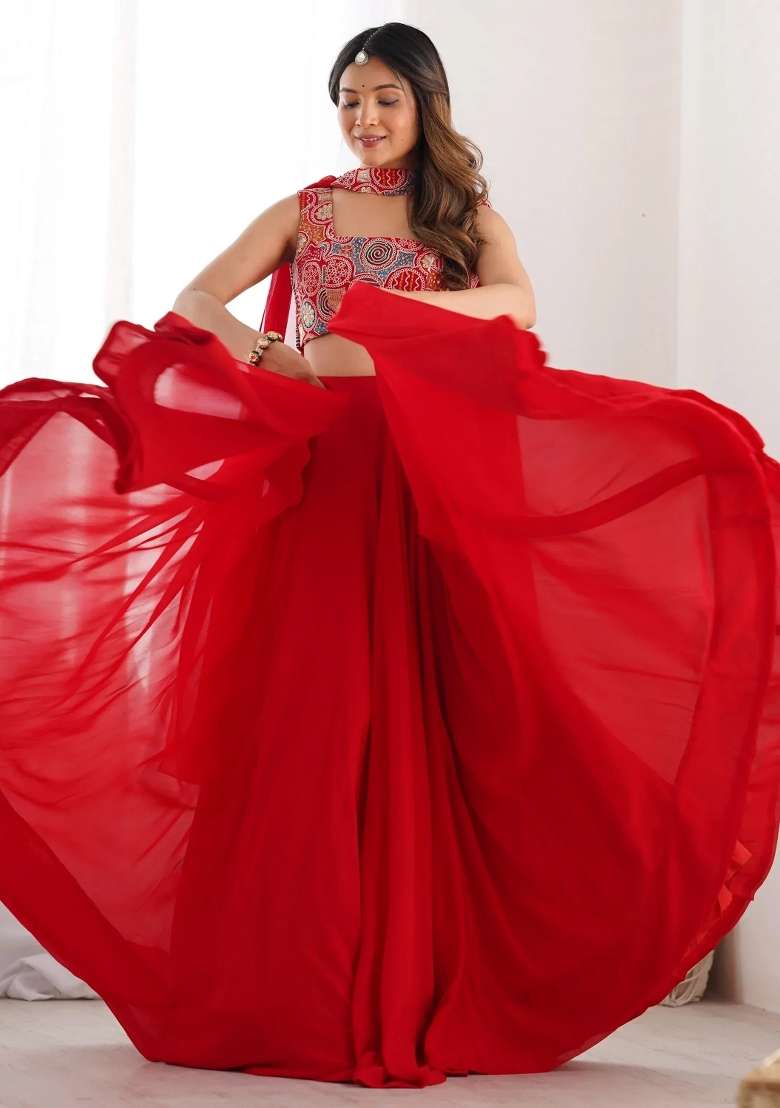 Red Embroidered Georgette Lehenga Set - Indya