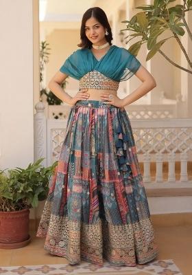 Blue Printed Silk Lehenga Set