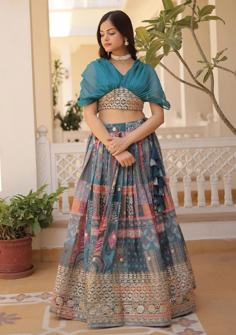 Blue Printed Silk Lehenga Set - Indya