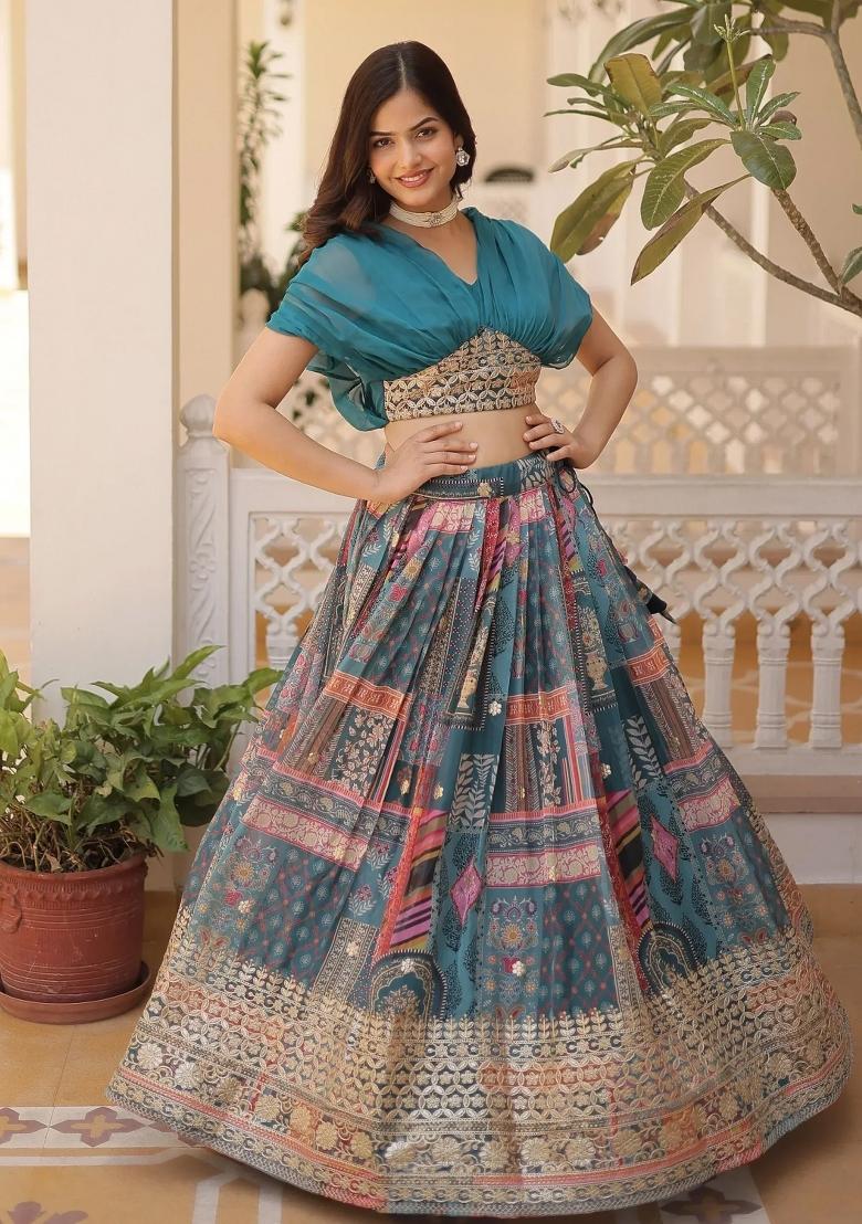 Blue Printed Silk Lehenga Set - Indya