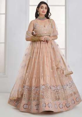 Peach Net Lehenga Set with Embroidered for Diwali | Wedding & Festive Wear
