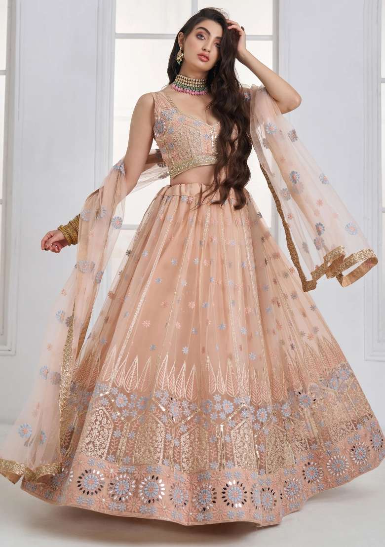 Peach Embroidered Net Lehenga Set - Indya