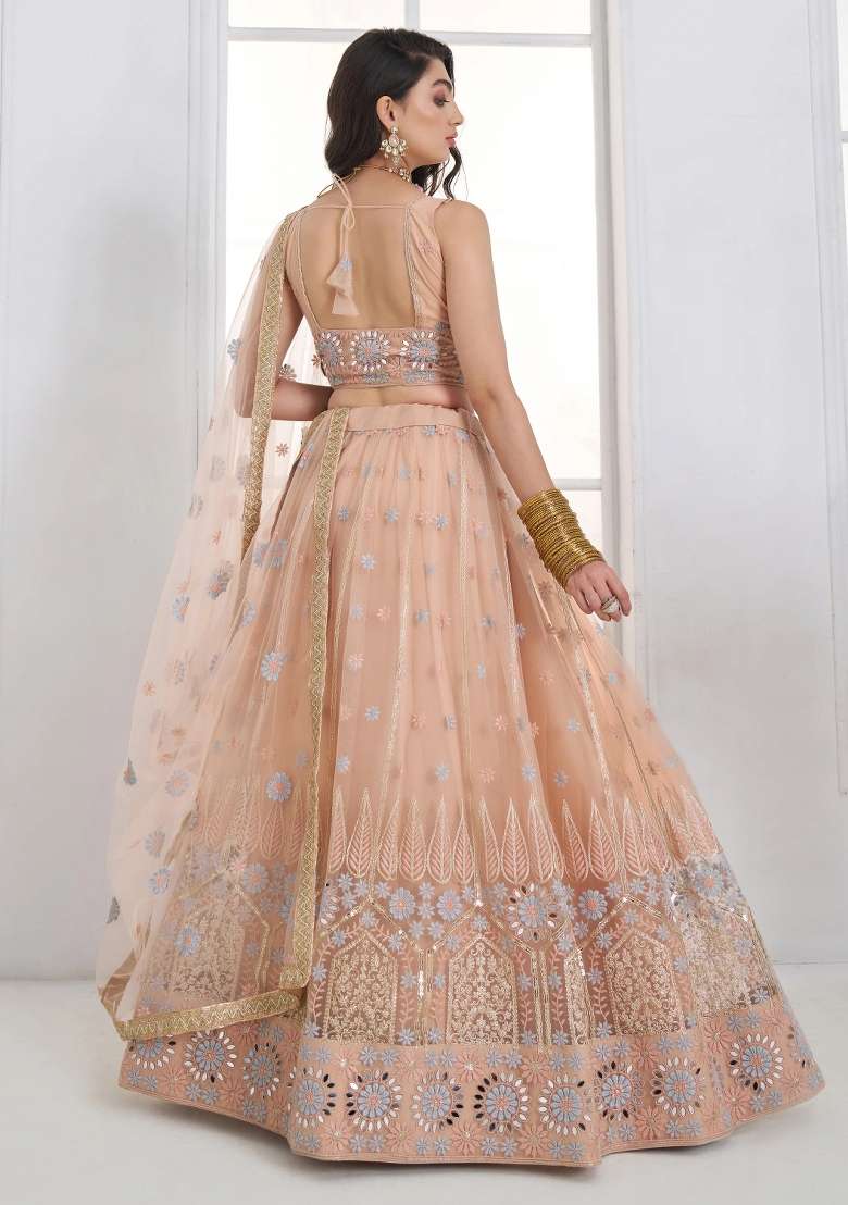 Peach Embroidered Net Lehenga Set - Indya