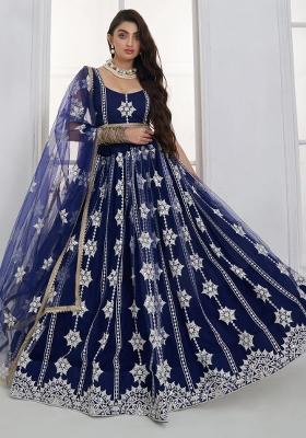 Navy Blue Embroidered Net Lehenga Set