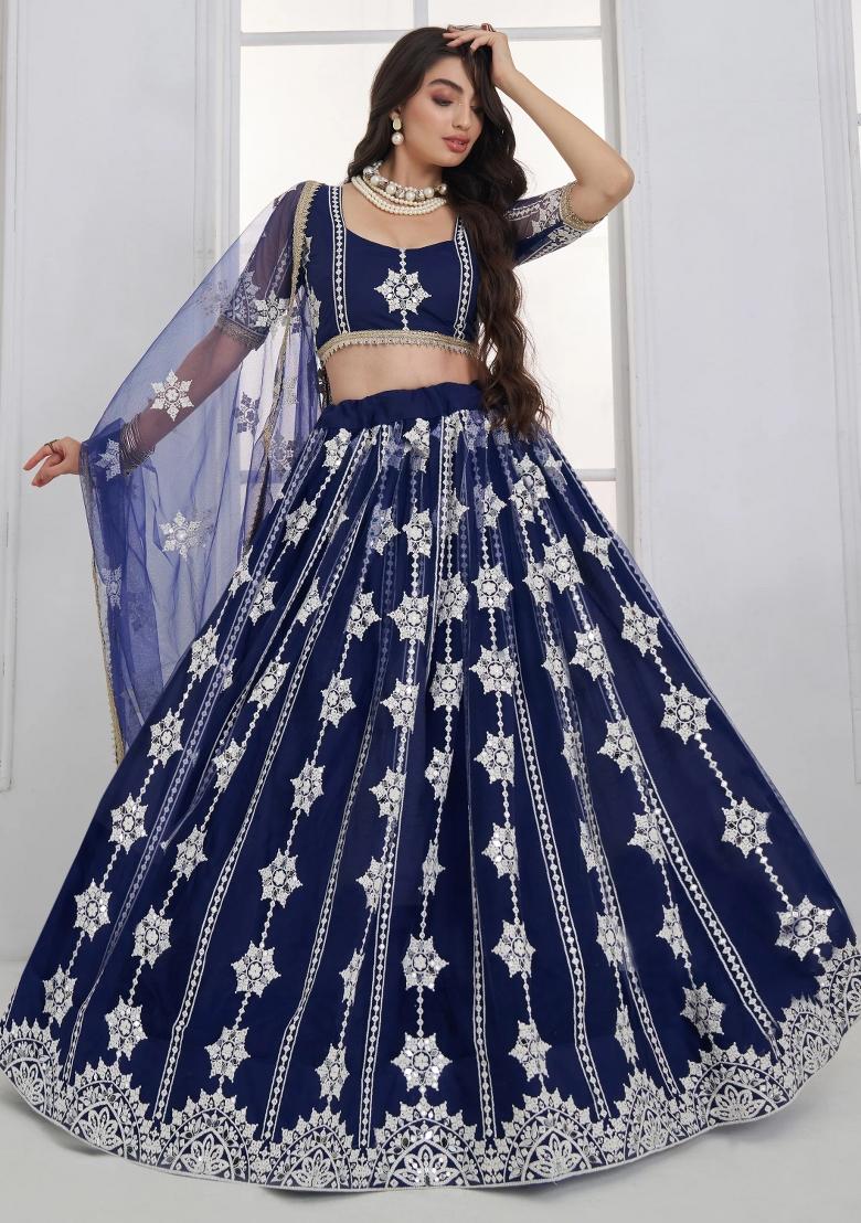 Navy Blue Embroidered Net Lehenga Set - Indya