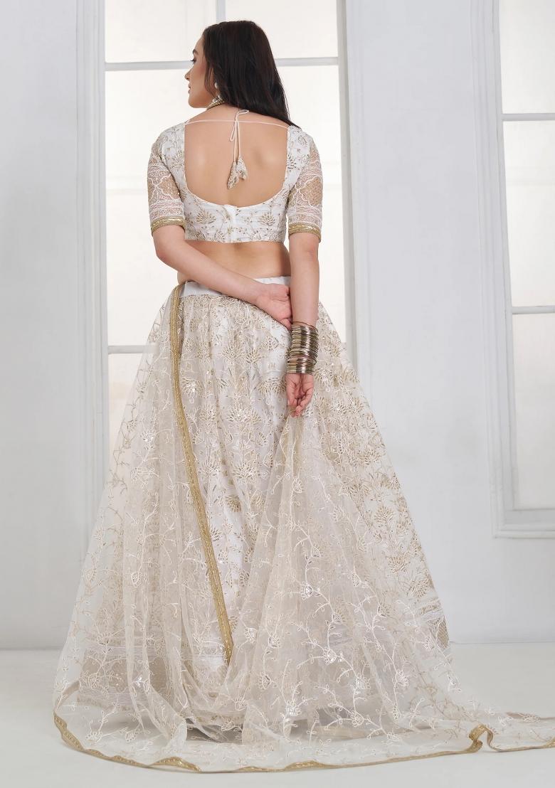 White Embroidered Net Lehenga Set - Indya