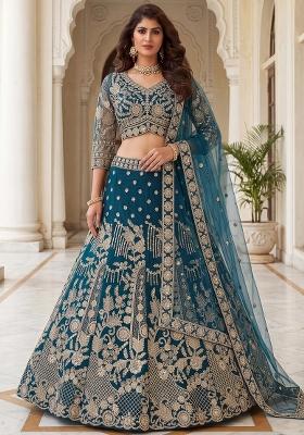 Blue Sequin Work Net Lehenga Set