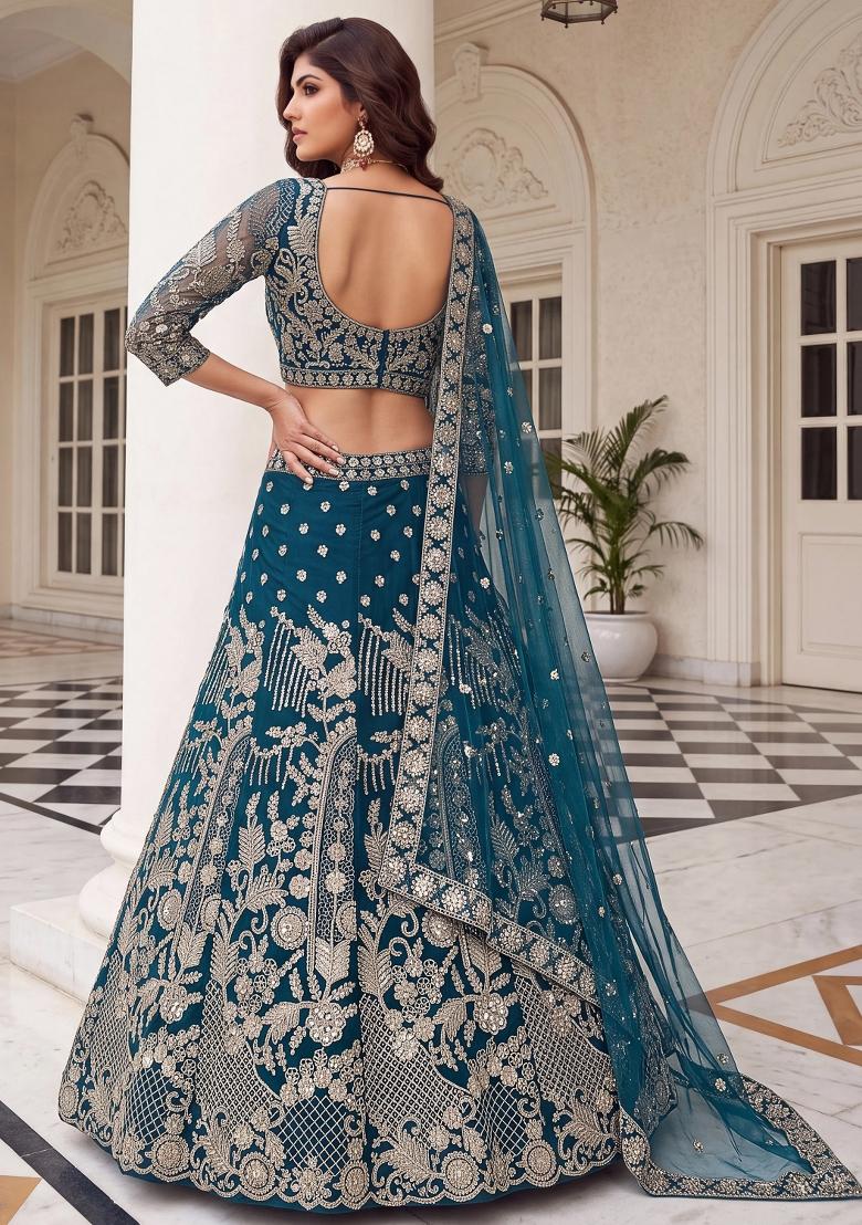 Blue Sequin Work Net Lehenga Set - Indya