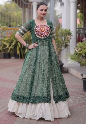 Green Printed Georgette Lehenga Set