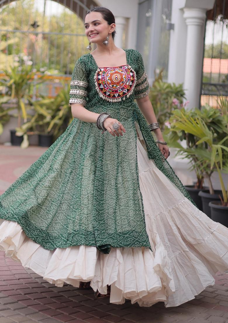 Green Printed Georgette Lehenga Set - Indya