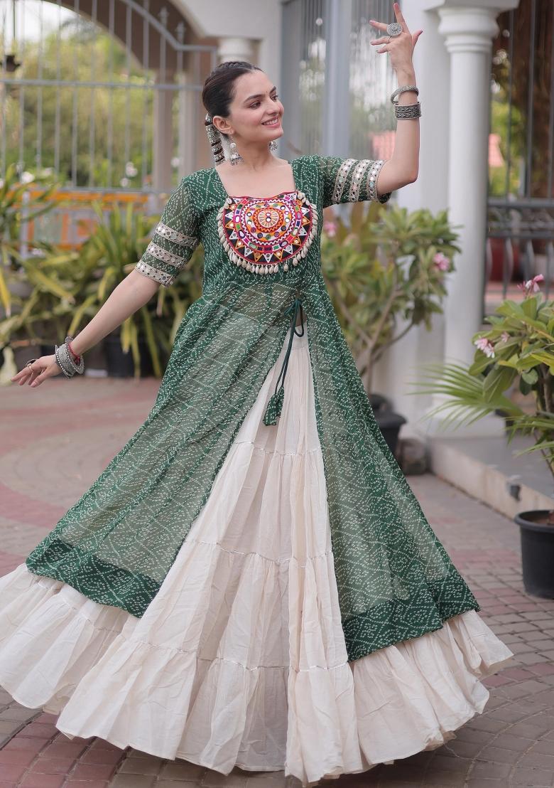 Green Printed Georgette Lehenga Set - Indya
