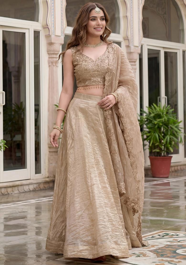 Golden Zari Work Silk Lehenga Set - Indya