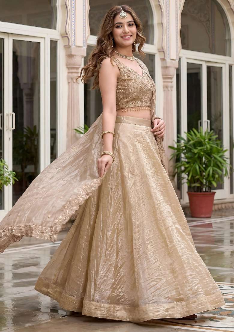 Golden Silk Lehenga Set with Zari Work for Diwali | Wedding & Festive Wear - Indya