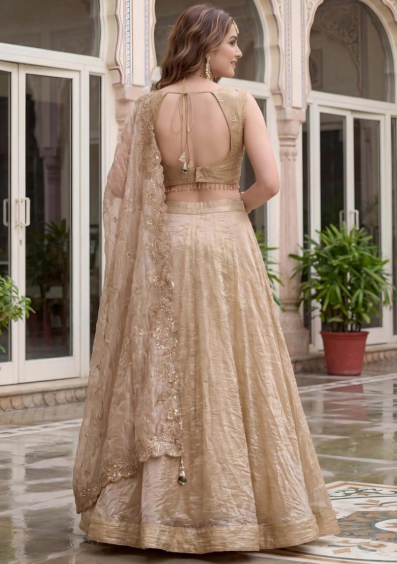 Golden Zari Work Silk Lehenga Set - Indya