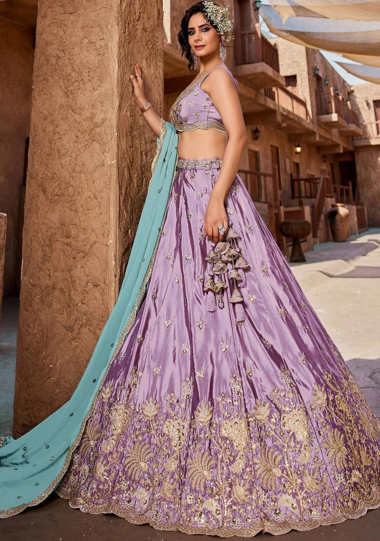 Lavender Zari Work Silk Lehenga Set - Indya
