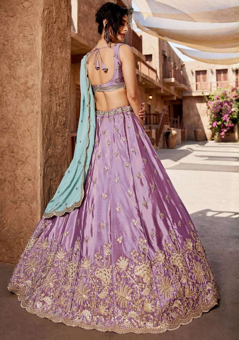 Lavender Silk Lehenga Set with Zari Work for Diwali | Wedding & Festive Wear - Indya