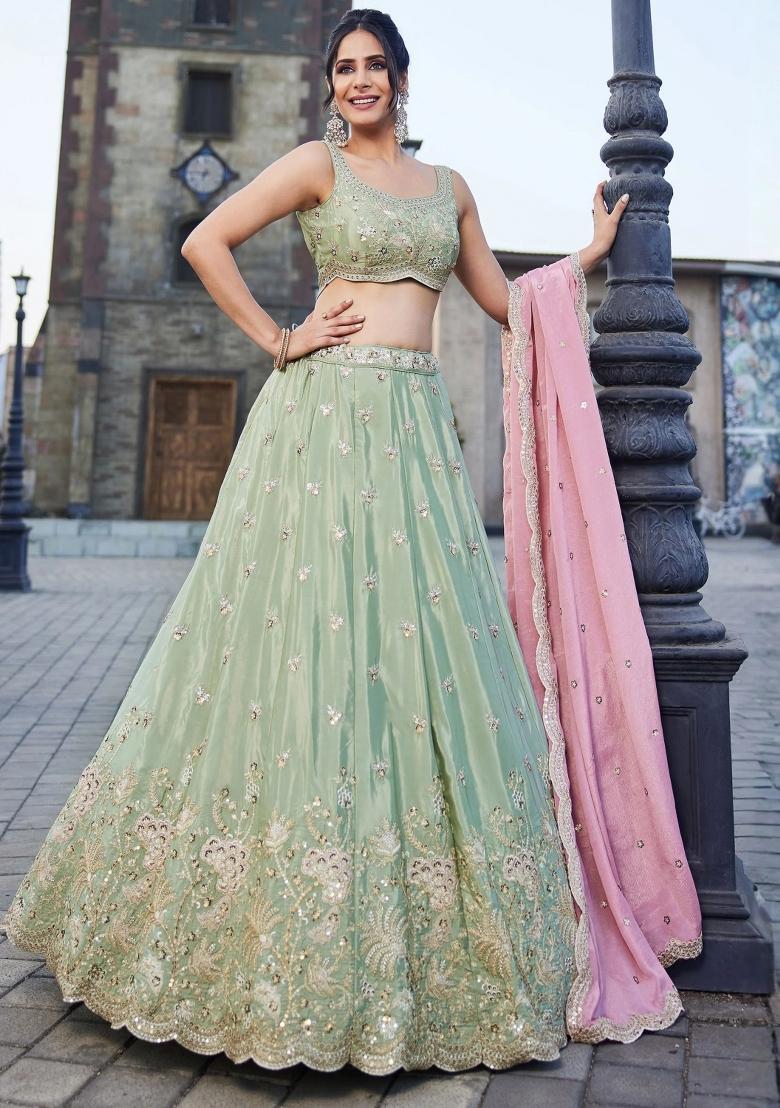 Green Zari Work Silk Lehenga Set - Indya