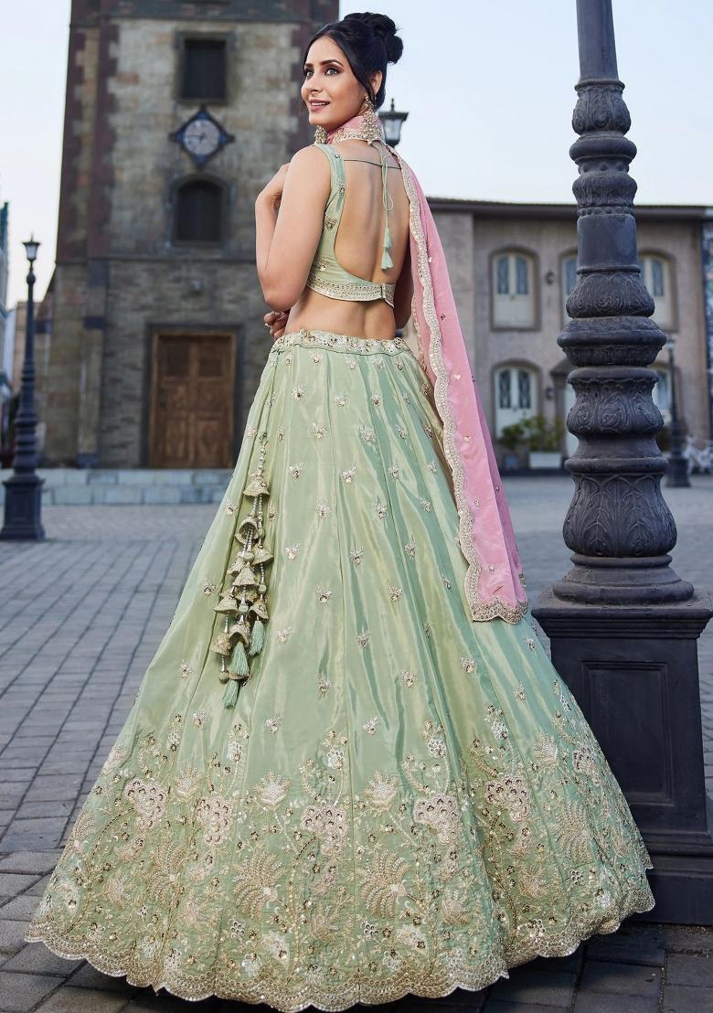 Green Zari Work Silk Lehenga Set - Indya