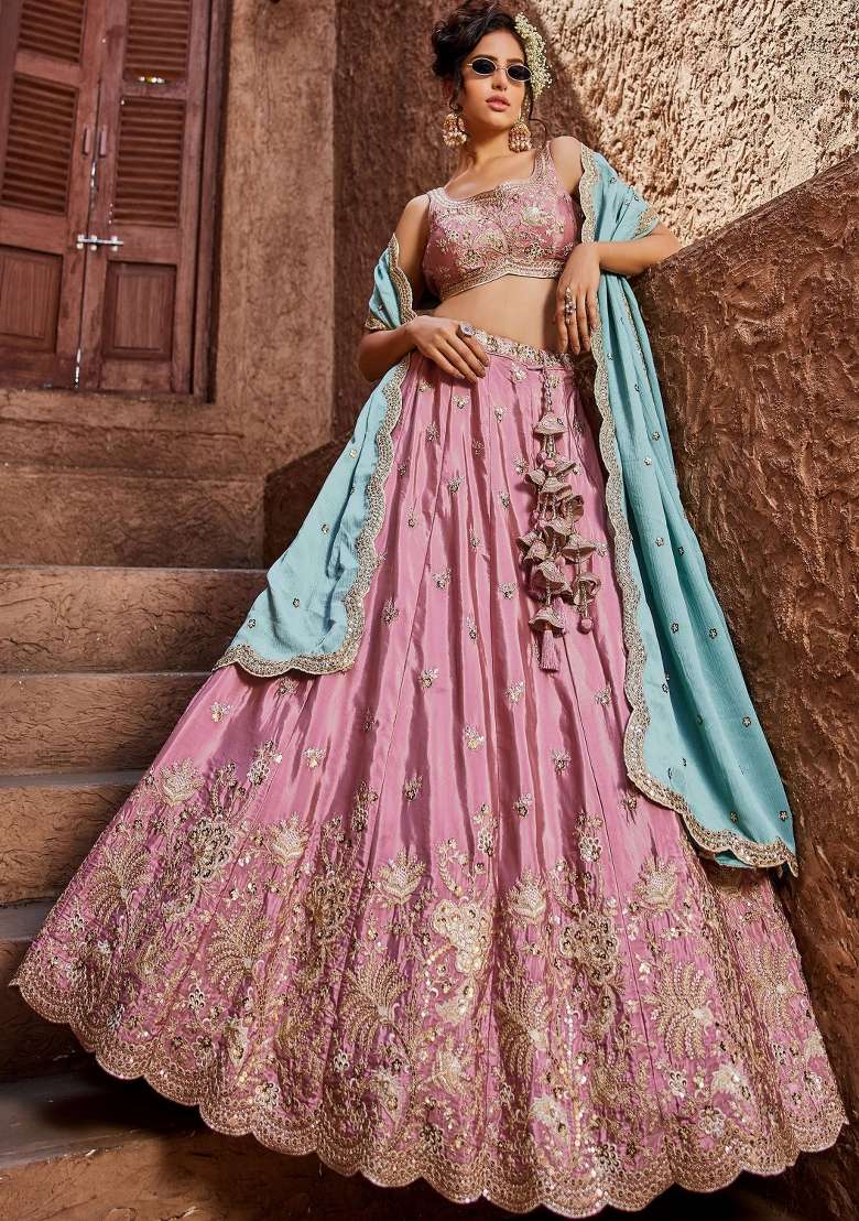 Pink Silk Lehenga Set with Zari Work for Diwali | Wedding & Festive Wear - Indya