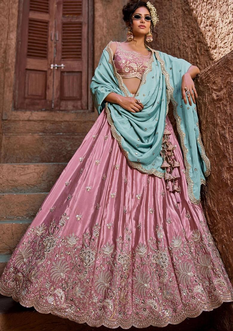 Pink Zari Work Silk Lehenga Set - Indya